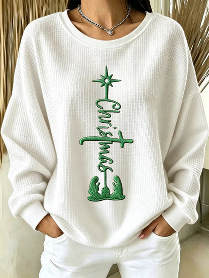 Women's Christmas Faith Print Casual Waffle Long-Sleeve Top