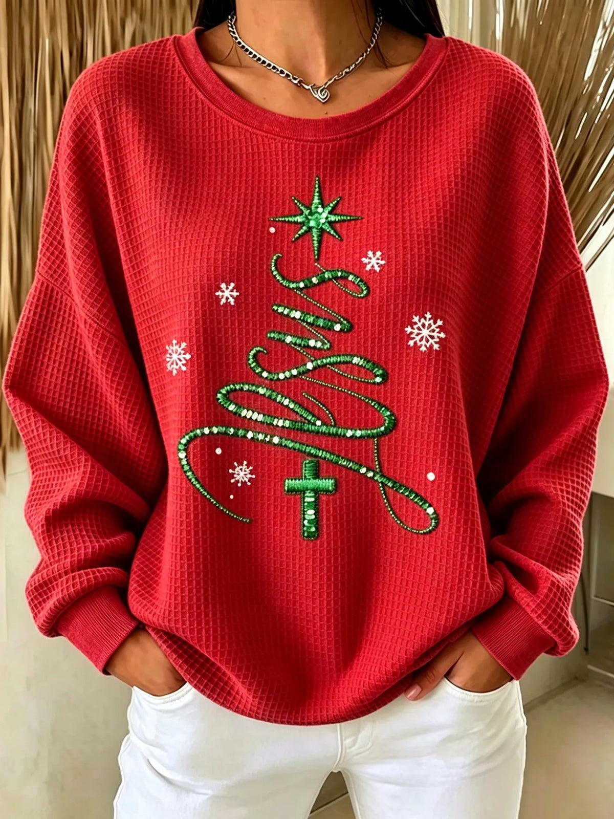 Women's Christmas Faith Print Casual Waffle Long-Sleeve Top