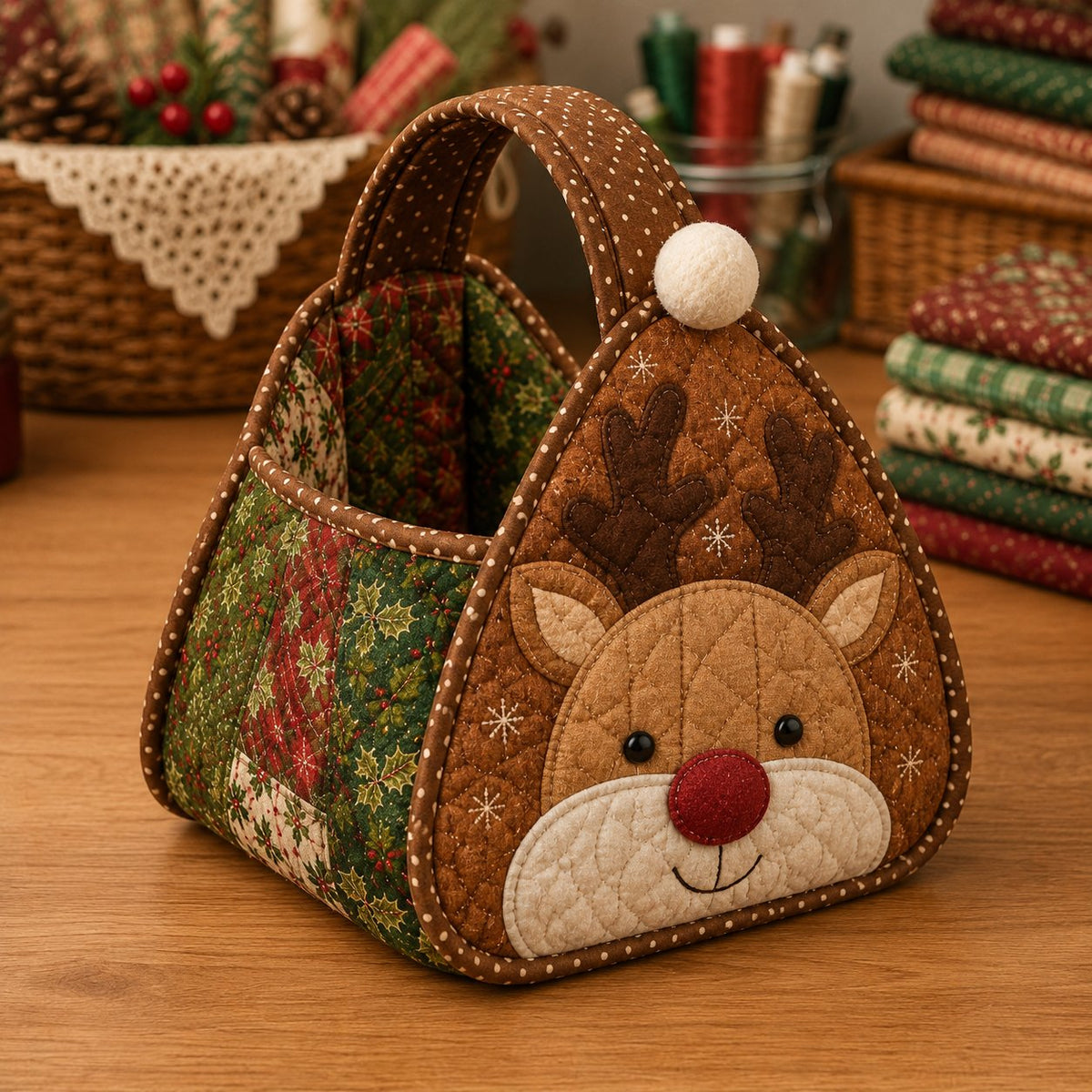 Reindeer Christmas Quilted Carry Basket Sewing Kit