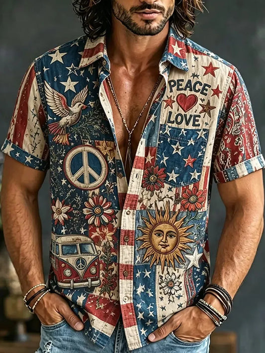 Men's Peace Love Text Dove Hippie Van Sun Face Print Short Sleeve Buttons Shirt