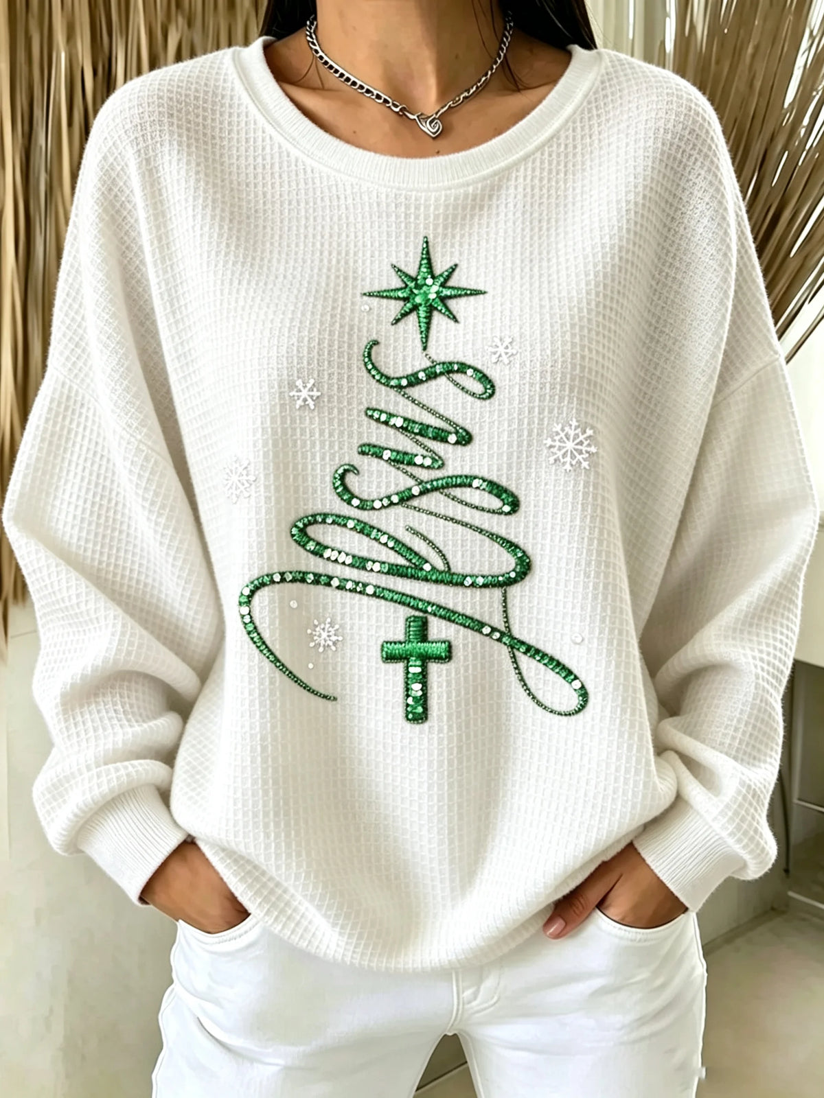 Women's Christmas Faith Print Casual Waffle Long-Sleeve Top