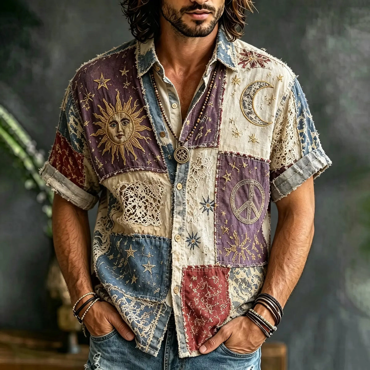 Men's Face Sun Celestial Colorblock Print Short Sleeve Buttons Shirt