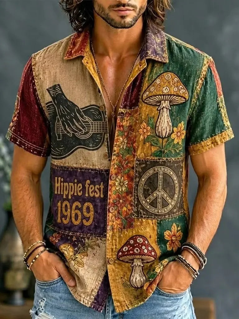 Men's Peace Symbol Floral Guitar Hand Mushroom Patches Print Short Sleeve Buttons Shirt
