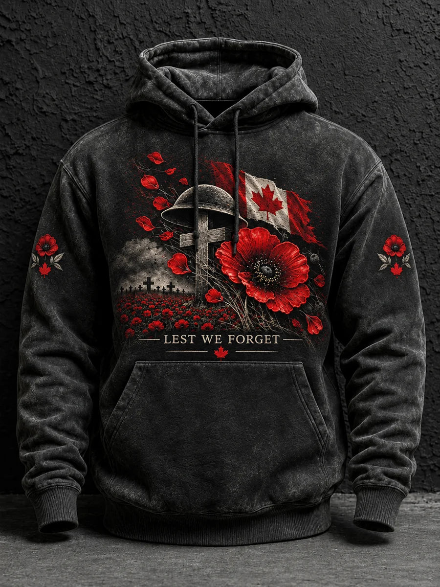 Men's Lest We Forget Canada Remembrance Day Print Oversized Drop-Shoulder Hoodie