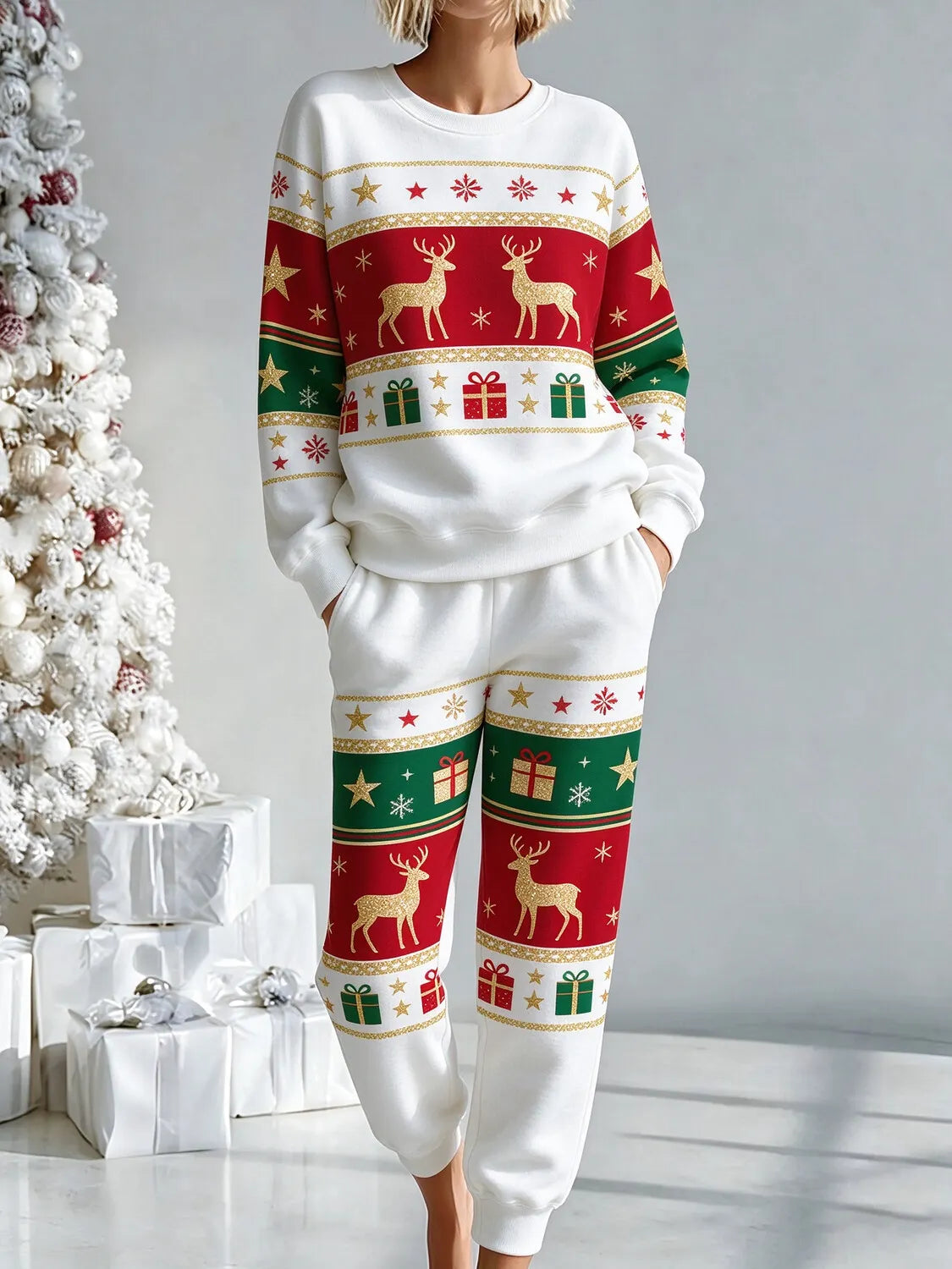 Women's Christmas Reindeer and Gift Box Print Sweatshirt Casual Pants Matching Set