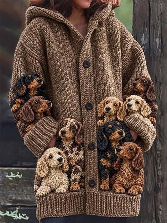 Women's Vintage Crowded Dachshund Dogs Print Cozy Composite Fleece Long Coat