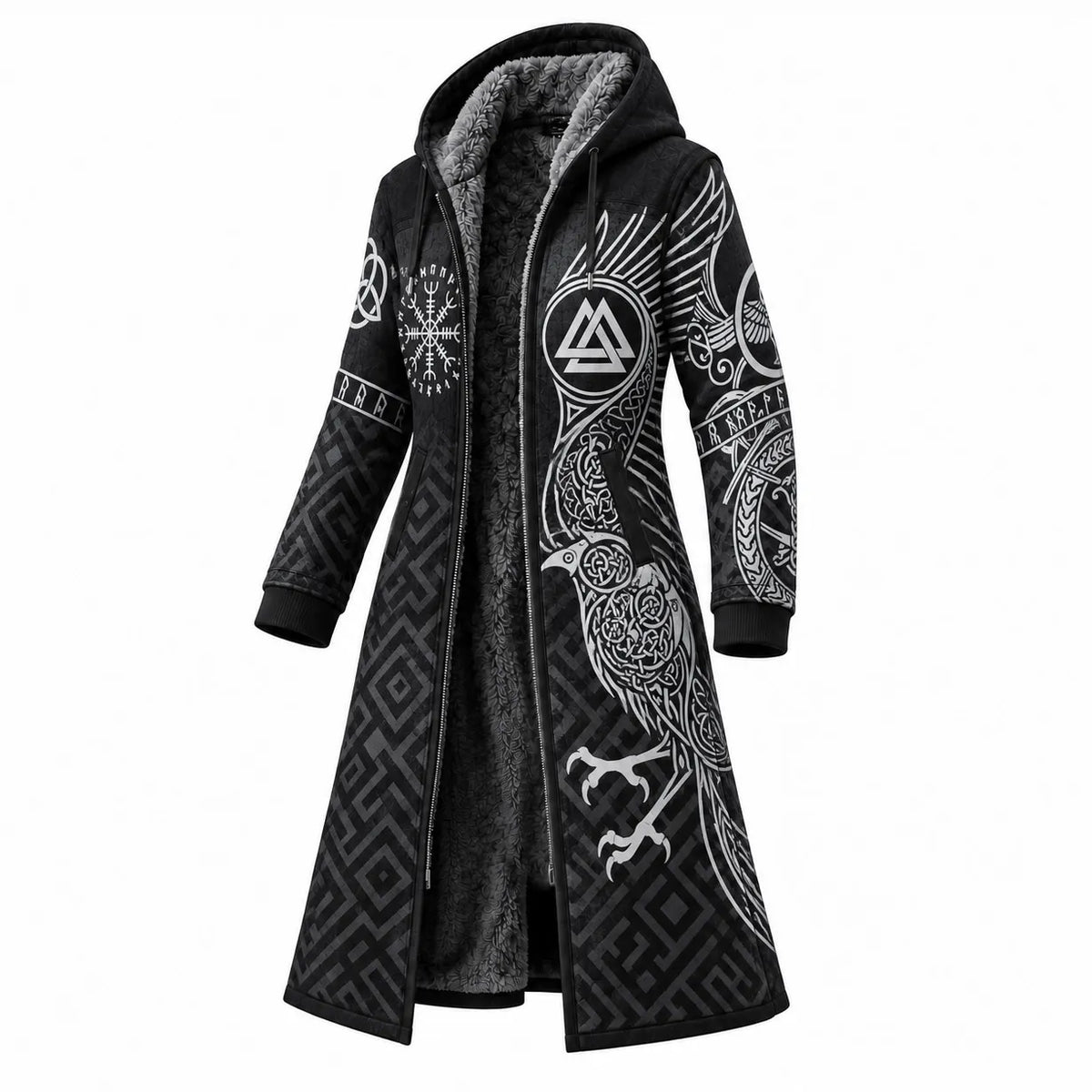 Black Gray Norse Pattern Longline Hooded Fleece Coat