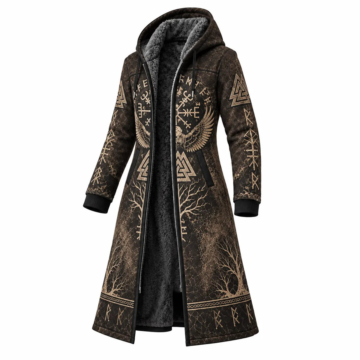 Brown Beige Rune Print Longline Hooded Fleece Coat