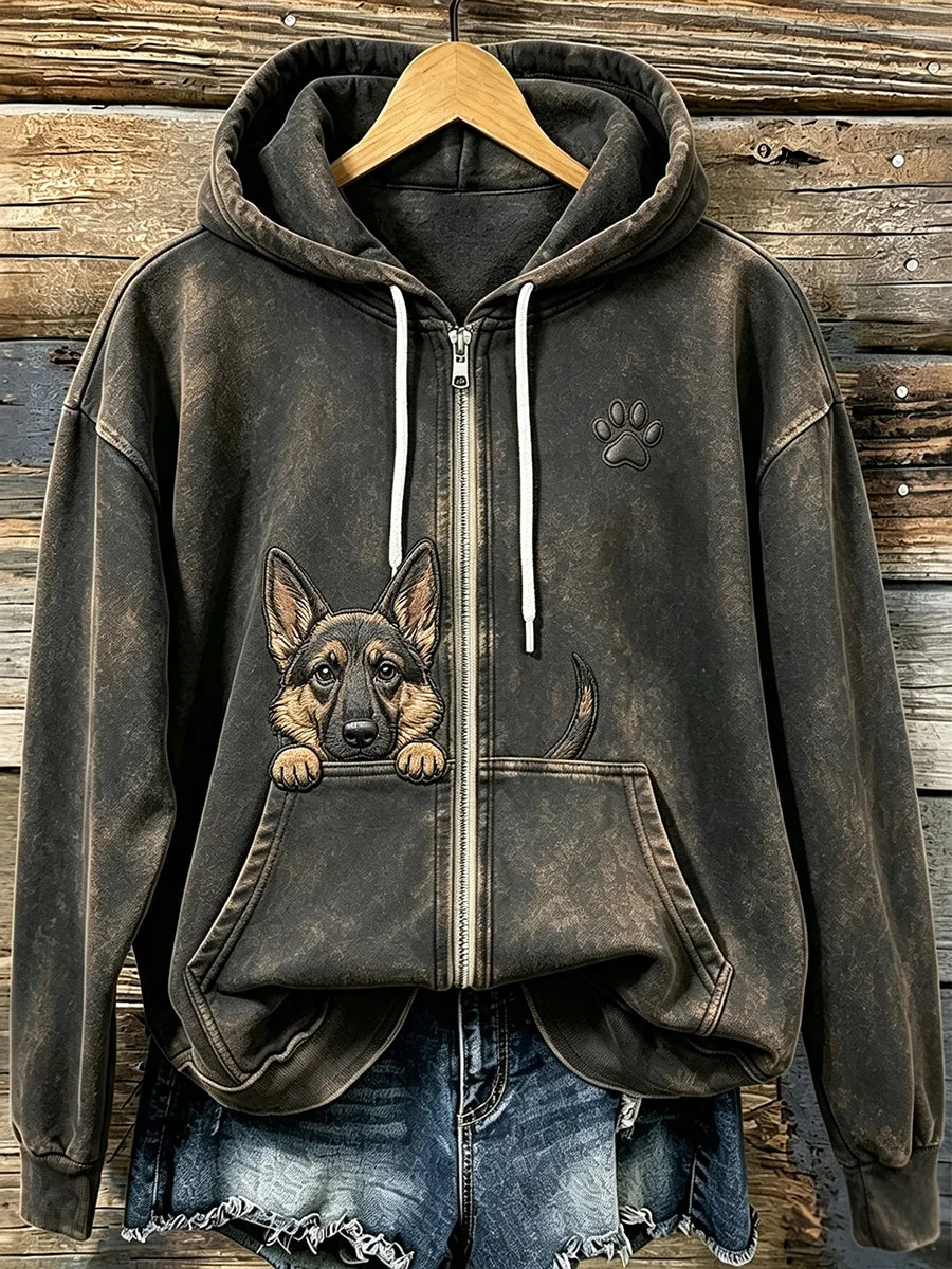 Women's Cute Peeking German Shepherd with Paw Print Cozy Zip-Up Hoodie