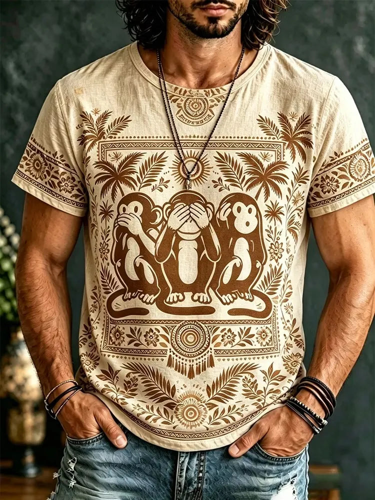 Men's Three Wise Monkeys With Tropical Foliage Print Crew Neck T-shirt