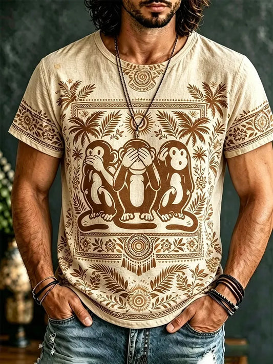 Men's Three Wise Monkeys With Tropical Foliage Print Crew Neck T-shirt