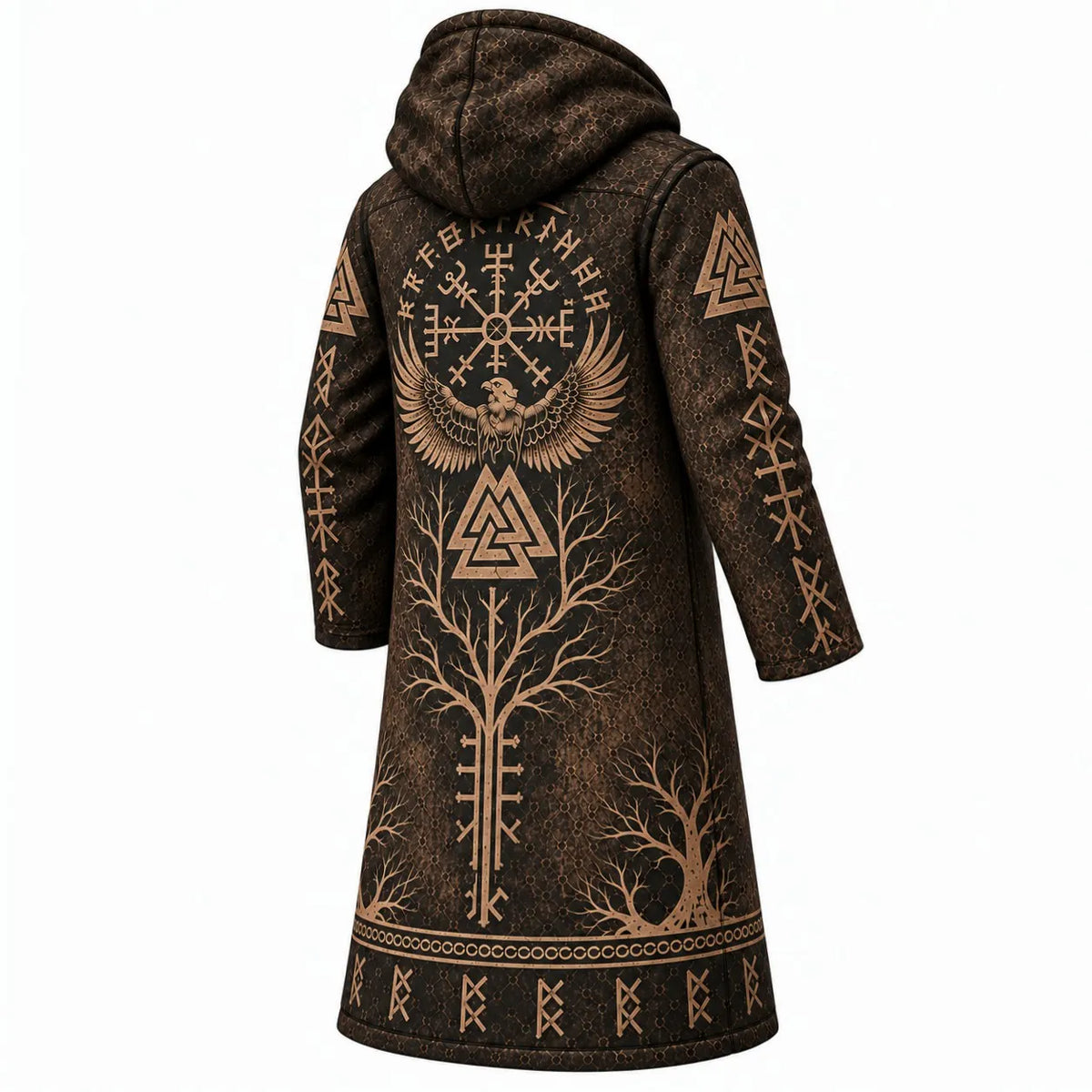 Brown Beige Rune Print Longline Hooded Fleece Coat