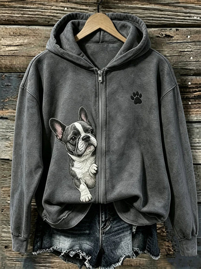 Women's Peeking French Bulldog & Paw Print Full Zip Hoodie