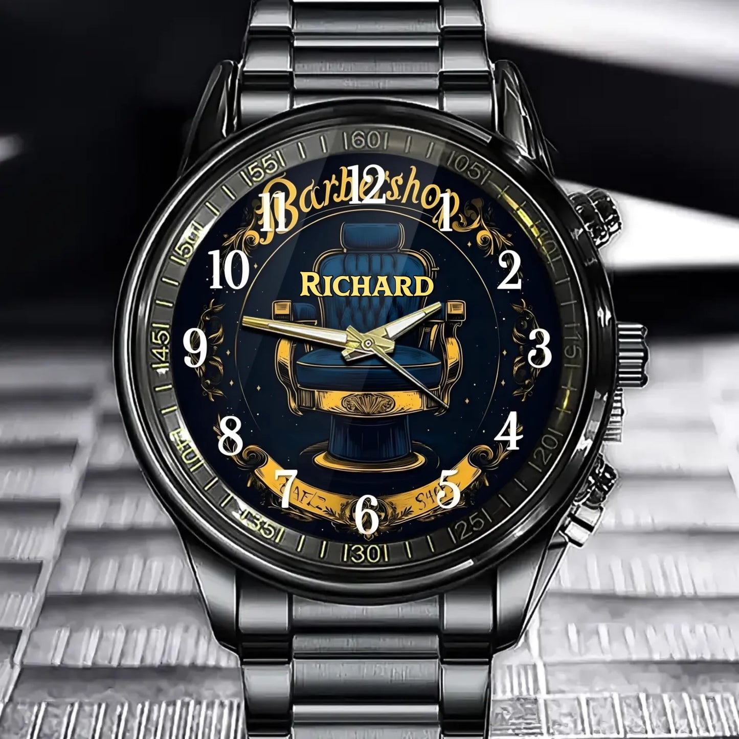 Personalized Barbershop Style Watch - Vintage Chair Design And Custom Name Personalization