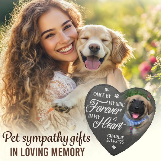 Custom Heart Memorial Slate - Personalized Pet Photo Sympathy Gift For Dogs, Cats, Loss Of Pet - Once By My Side Forever In My Heart