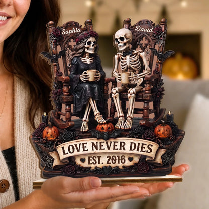 Custom Skeleton Couple Wooden Plaque - Personalized Halloween Anniversary Gifts For Couples - Two Hearts, One Eternity