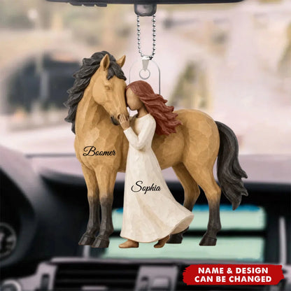 Custom Horse Acrylic Car Ornament - Personalized Girl & Horse Name Gift - Side By Side, Heart To Heart