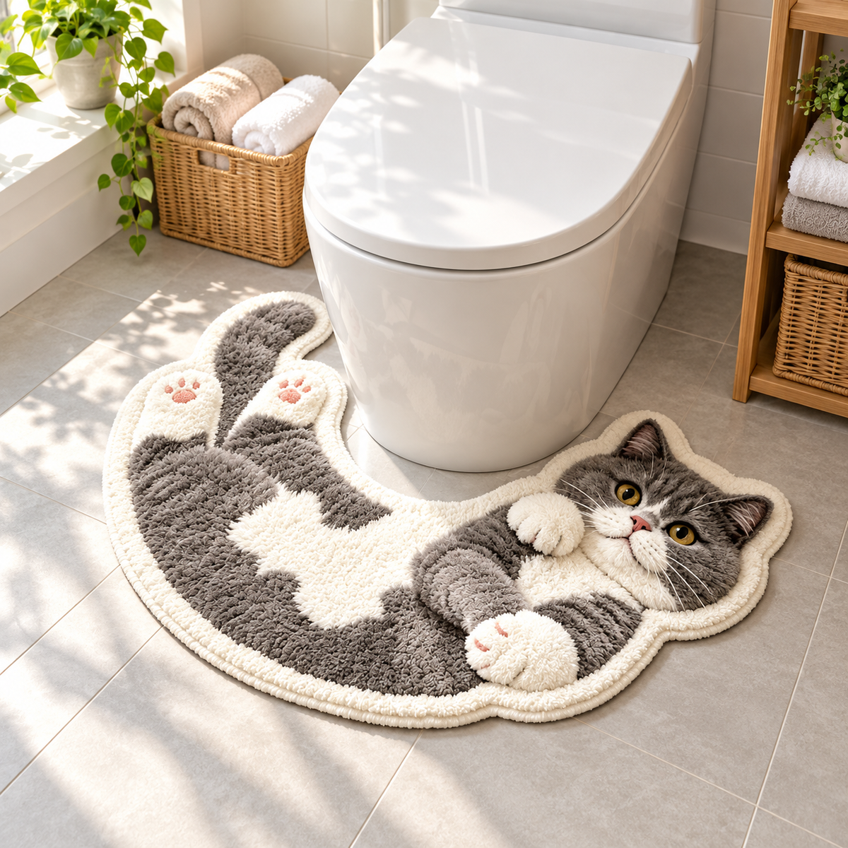 Cute Cat-Shaped Bathroom Rug – Soft Washable Non-Slip Toilet Mat