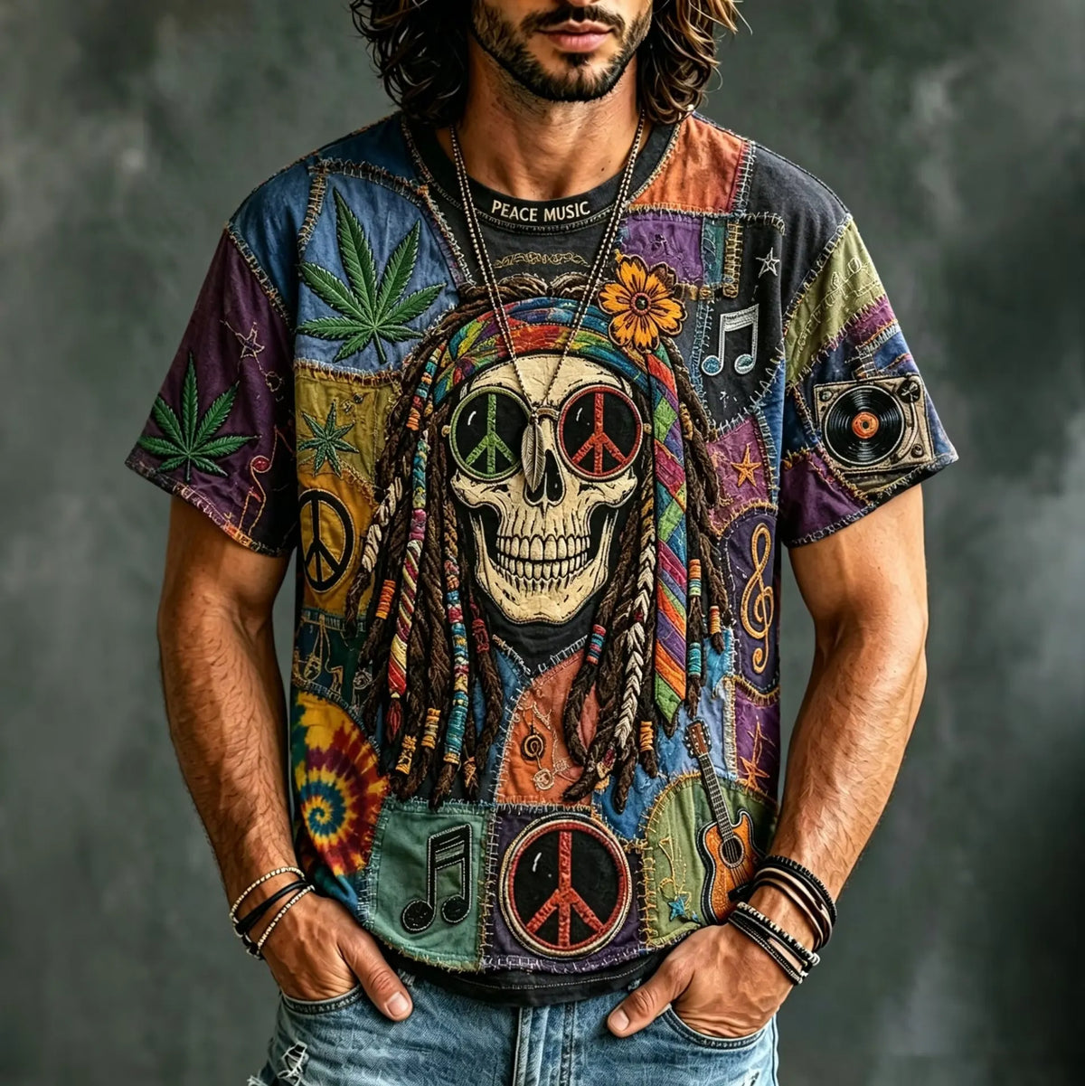 Men's Retro Hippie Music Floral Print Crew Neck Short Sleeve T-Shirt