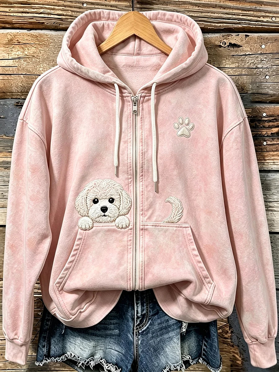 Women's Cute Peeking Bichon Frize with Paw Print Cozy Zip-Up Hoodie