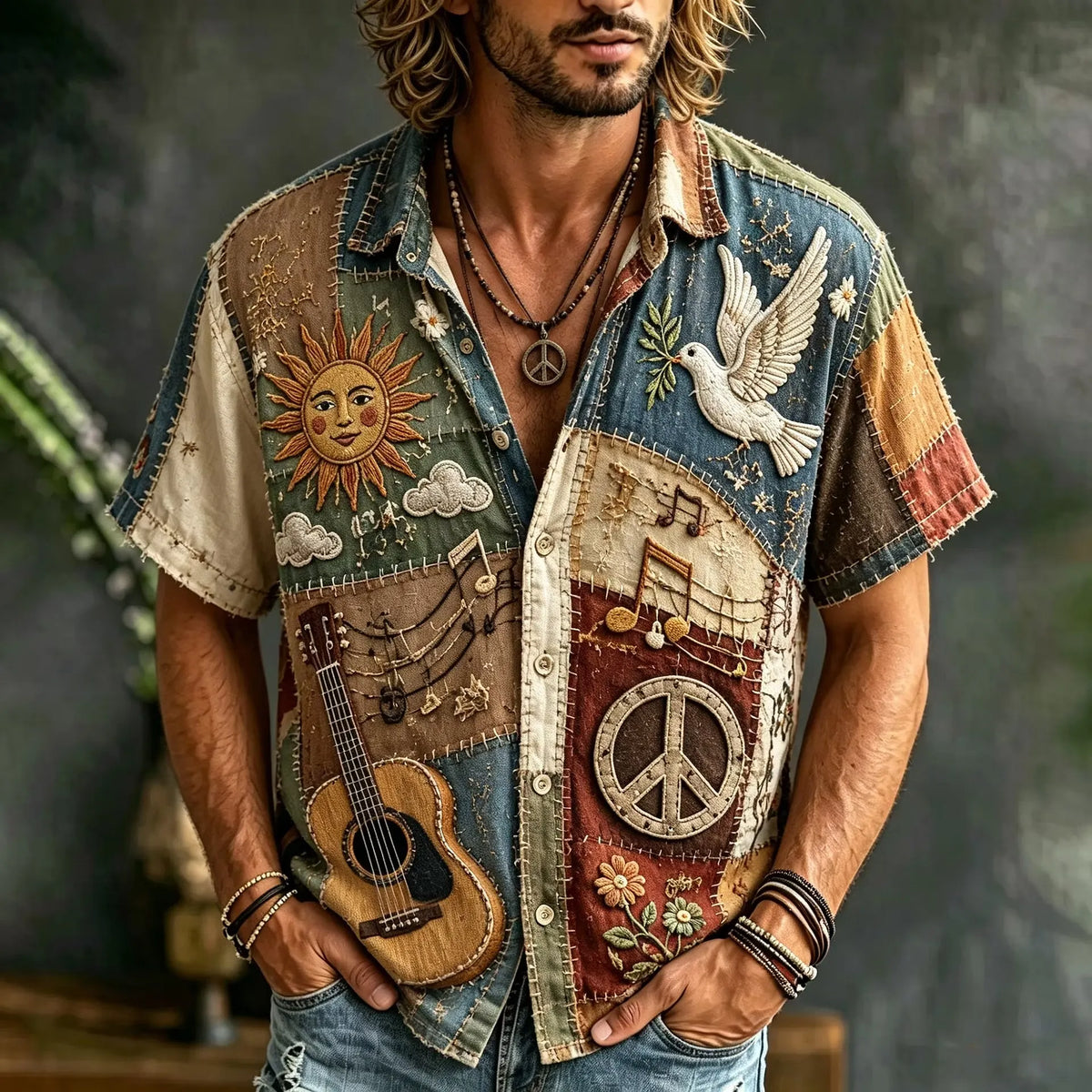 Men's Cloud Floral Musical Print Short Sleeve Buttons Shirt
