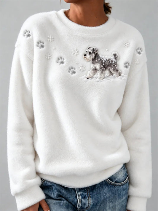Women's Schnauzer Snow Paw Print Snowflake Print Comfortable Flannel Sweatshirt
