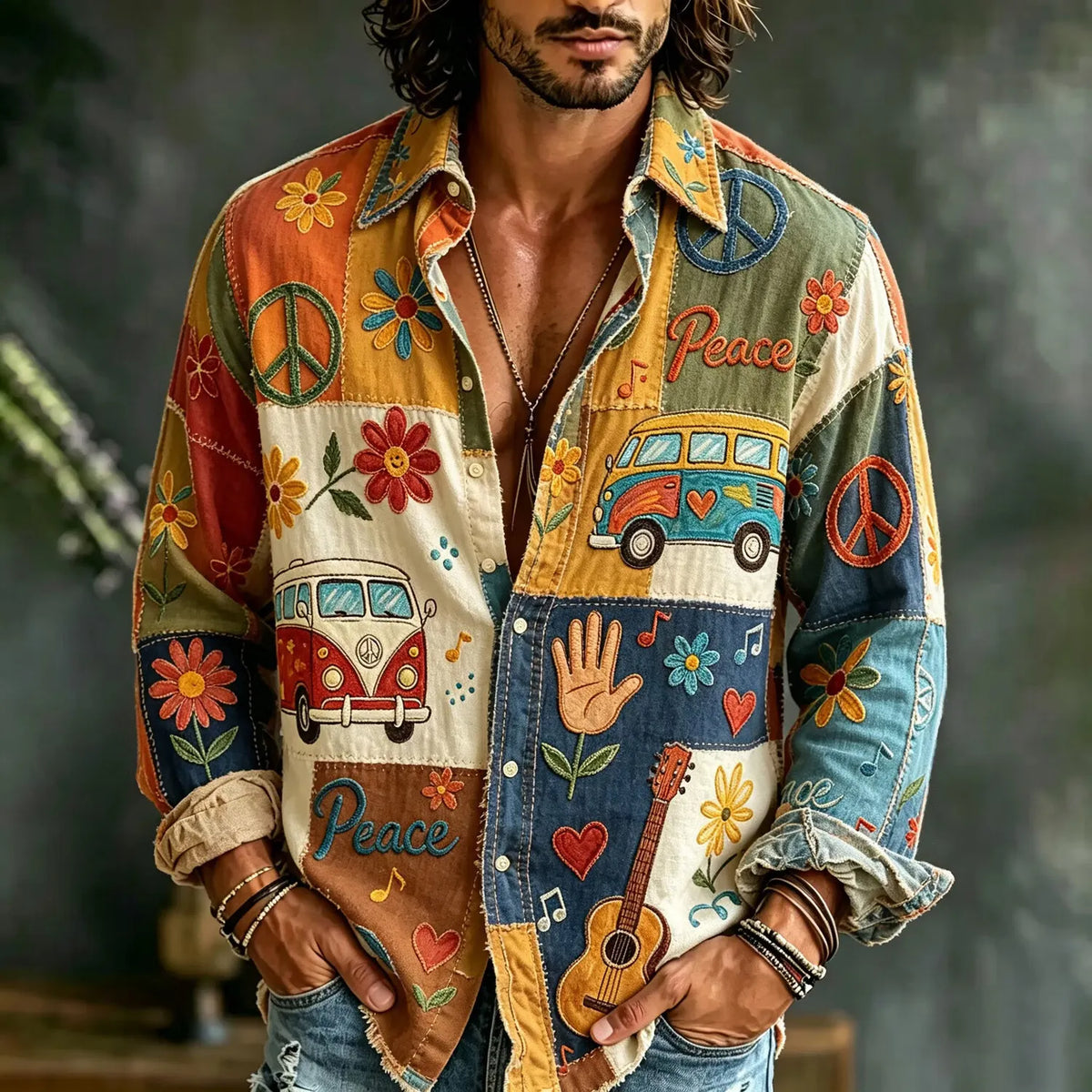 Men's Hippie Art Peace Sign And Bus Colorblock Patchwork Print Shirt