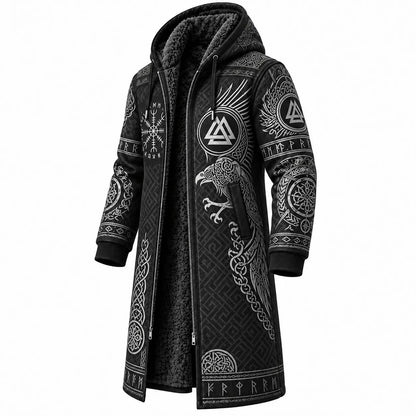 Black Gray Dragon Print Longline Hooded Fleece Coat