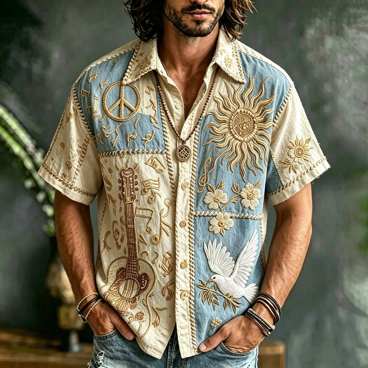 Men's Boho Sun Dove Guitar Peace Print Short Sleeve Buttons Shirt