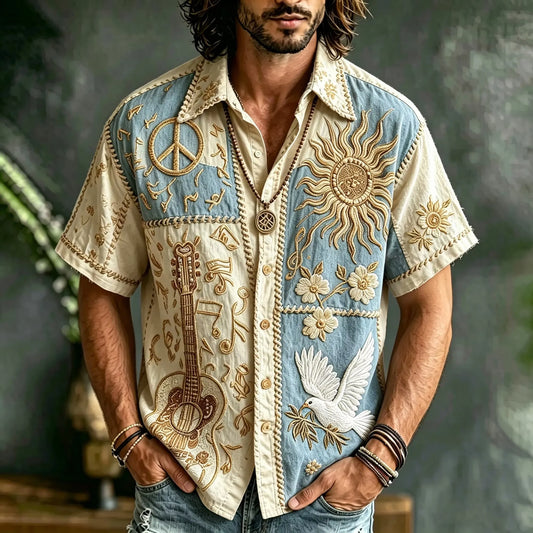 Men's Boho Sun Dove Guitar Peace Print Short Sleeve Buttons Shirt