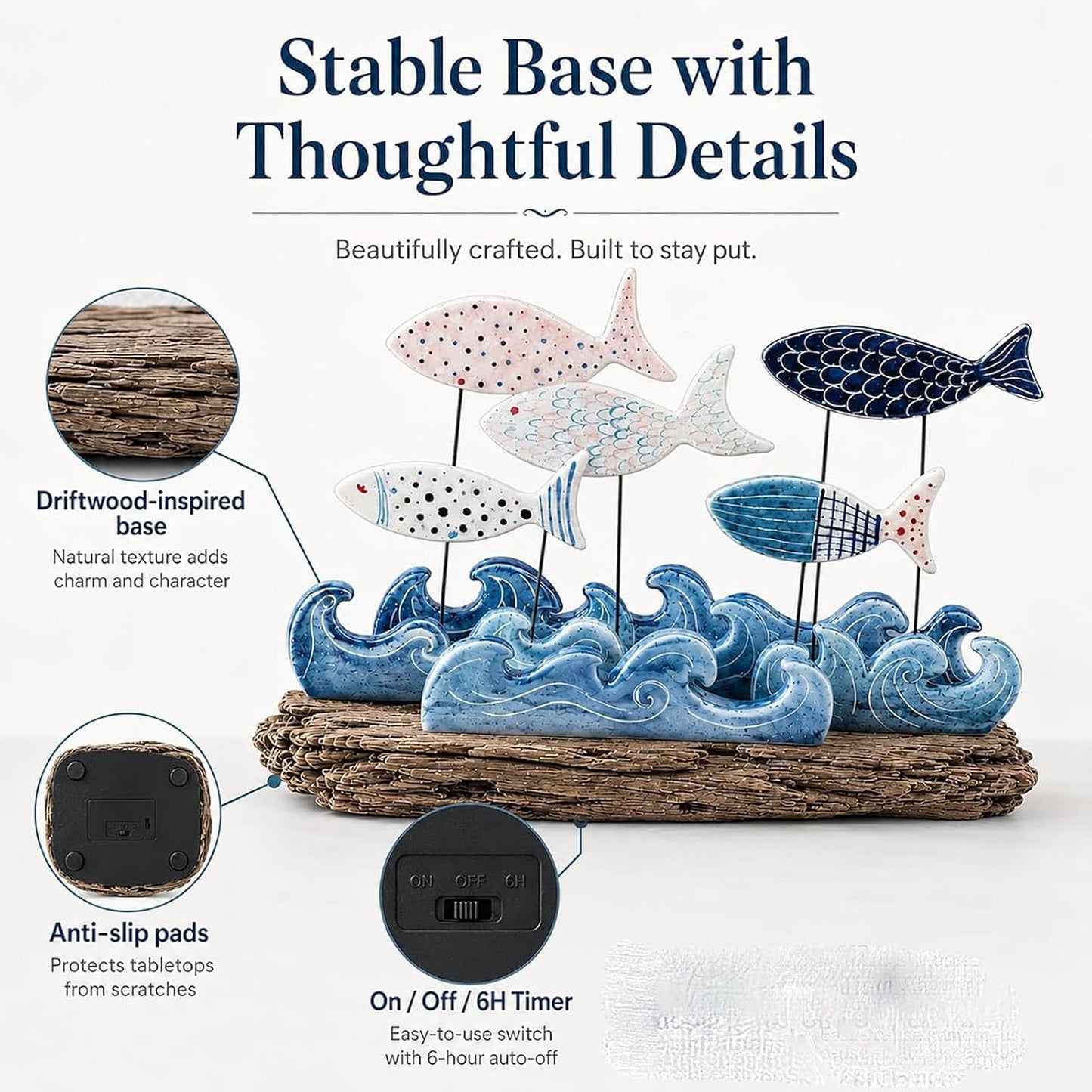 Lighted Coastal Fish Sculpture - Ocean Inspired LED Tabletop Decor for Beach House & Seaside Home