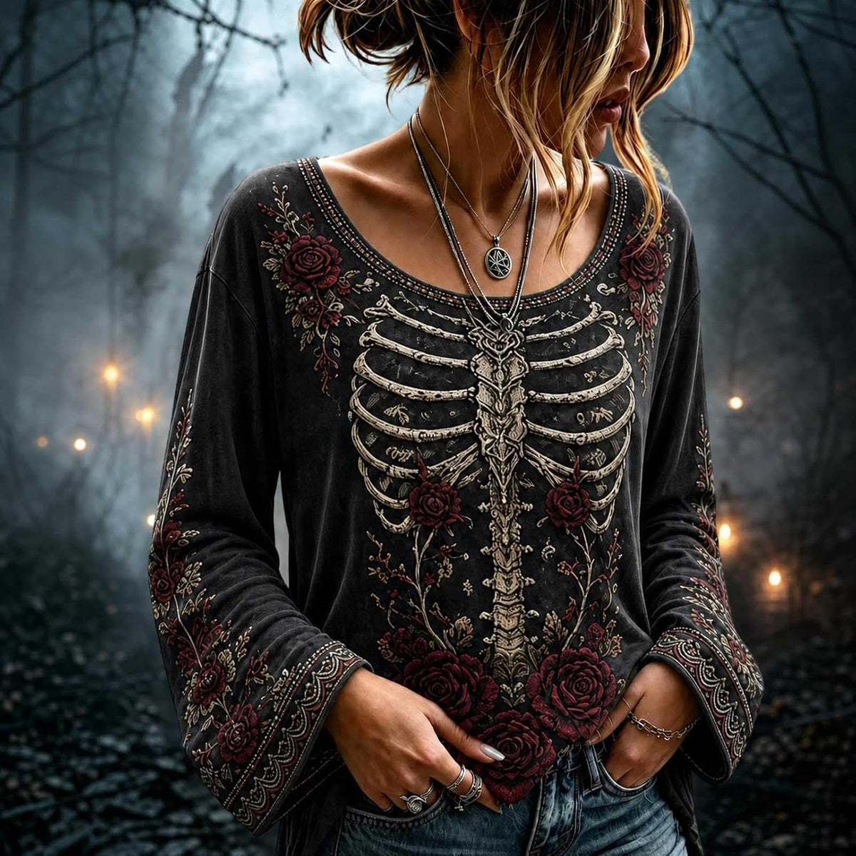Women's Gothic Floral Skeleton Bell Sleeve Top - source gallery image 3