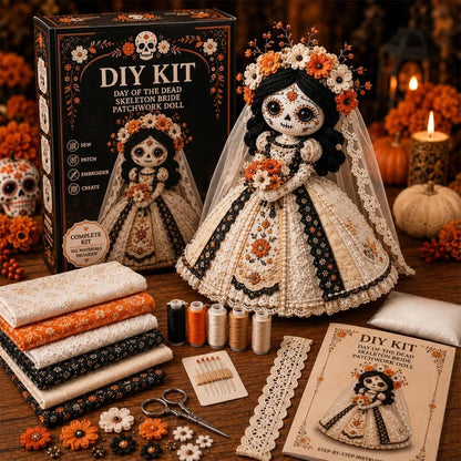 Day of the Dead Patchwork Doll DIY Kit - Sugar Skull Sewing Craft For Halloween & Fall Decor