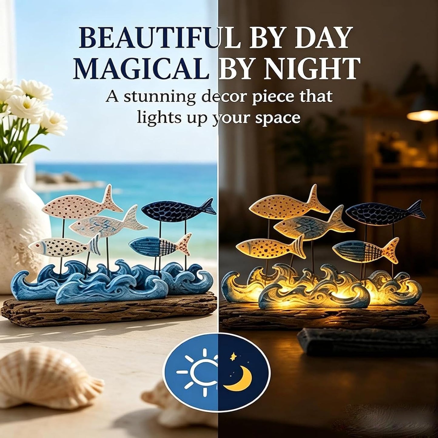 Lighted Coastal Fish Sculpture - Ocean Inspired LED Tabletop Decor for Beach House & Seaside Home