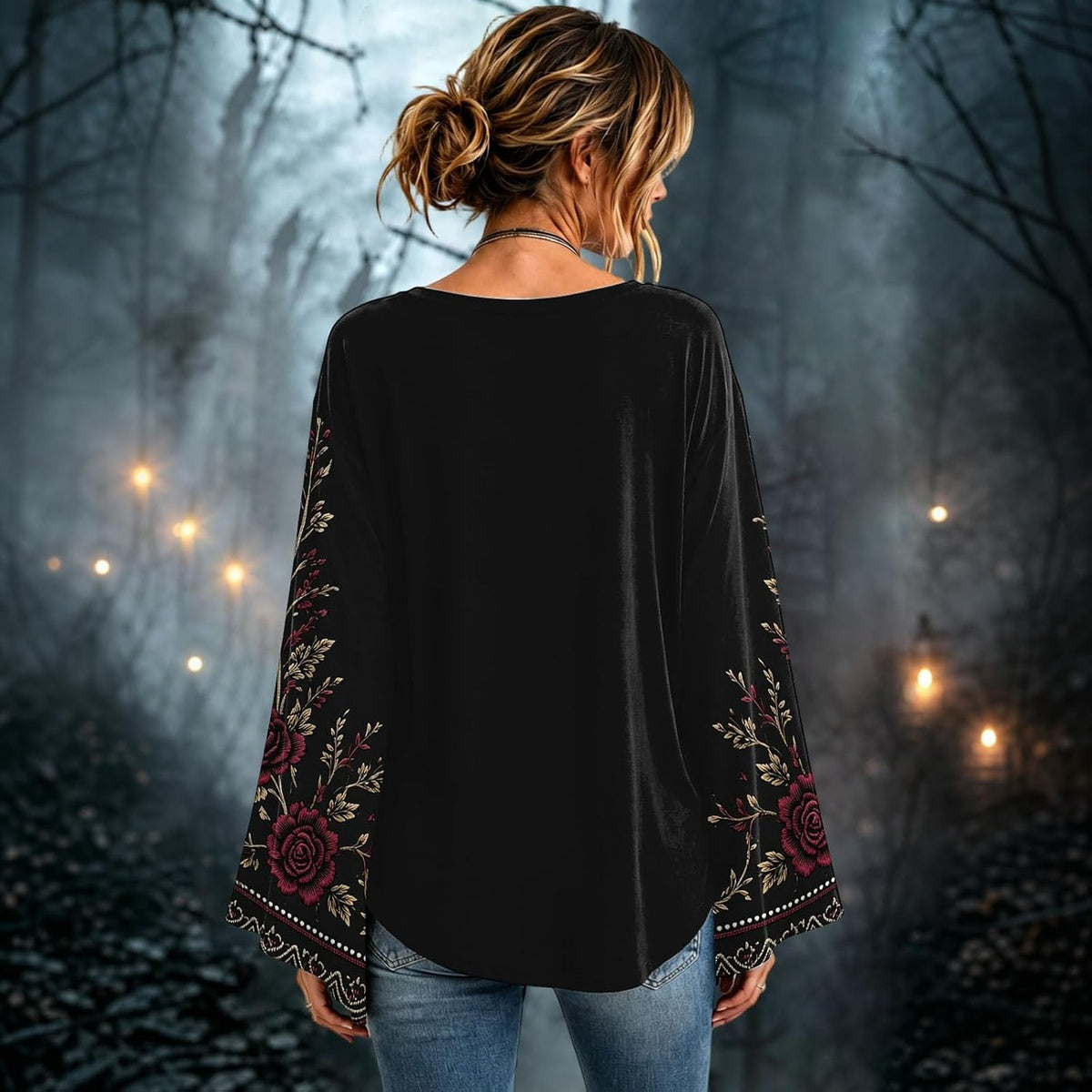 Women's Gothic Floral Skeleton Bell Sleeve Top - source gallery image 6