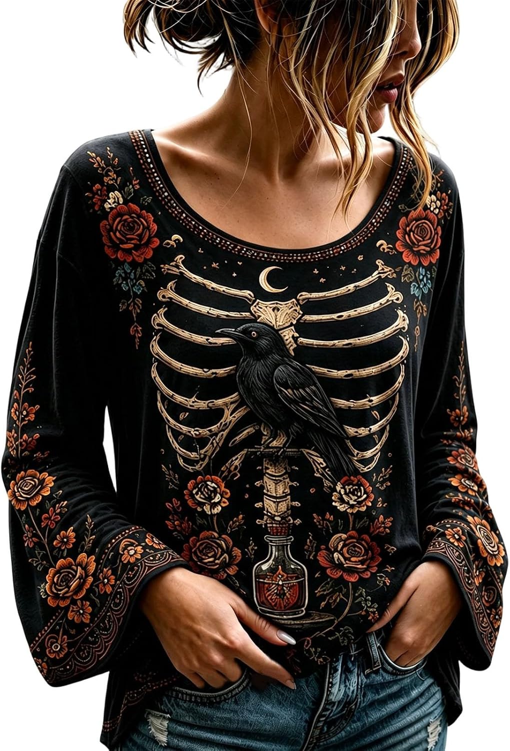 Women's Gothic Floral Skeleton Bell Sleeve Top - Moonlit Spell