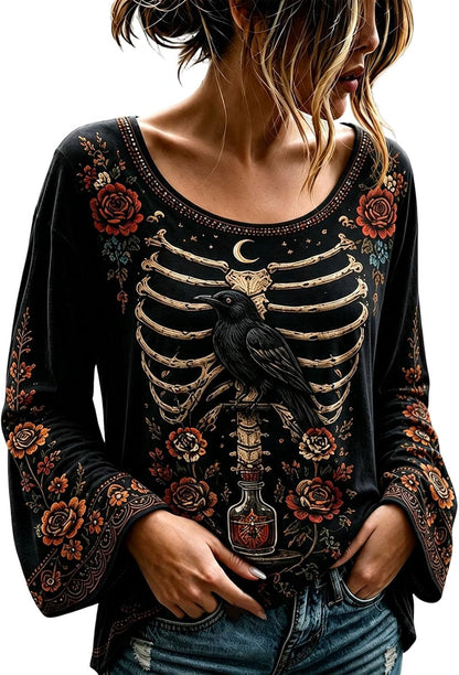Women's Gothic Floral Skeleton Bell Sleeve Top - Moonlit Spell