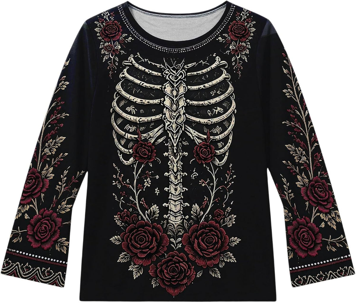 Women's Gothic Floral Skeleton Bell Sleeve Top - source gallery image 4