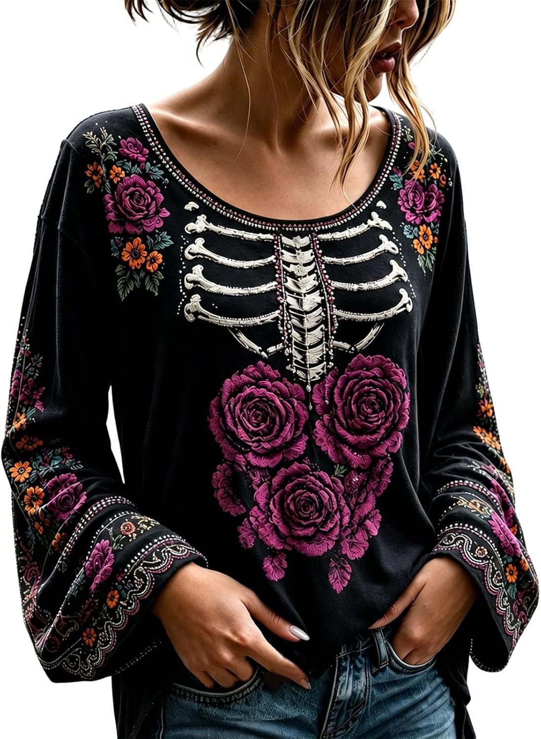 Women's Gothic Floral Skeleton Bell Sleeve Top - Dark Romance