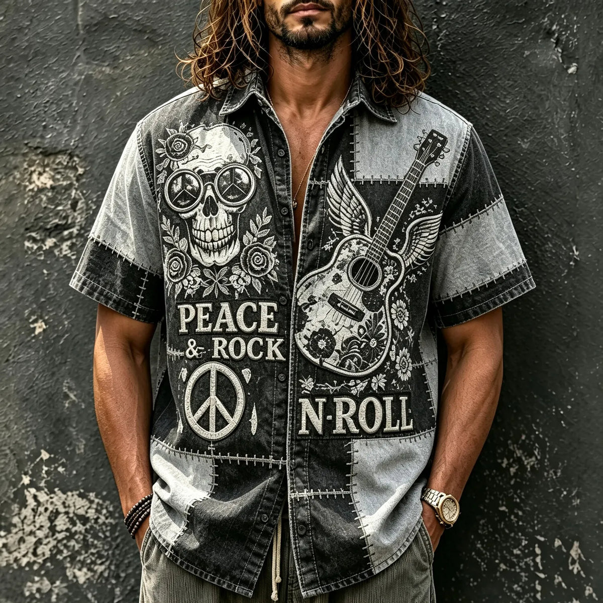 Men's Floral Skull Winged Guitar Print Short Sleeve Buttons Shirt