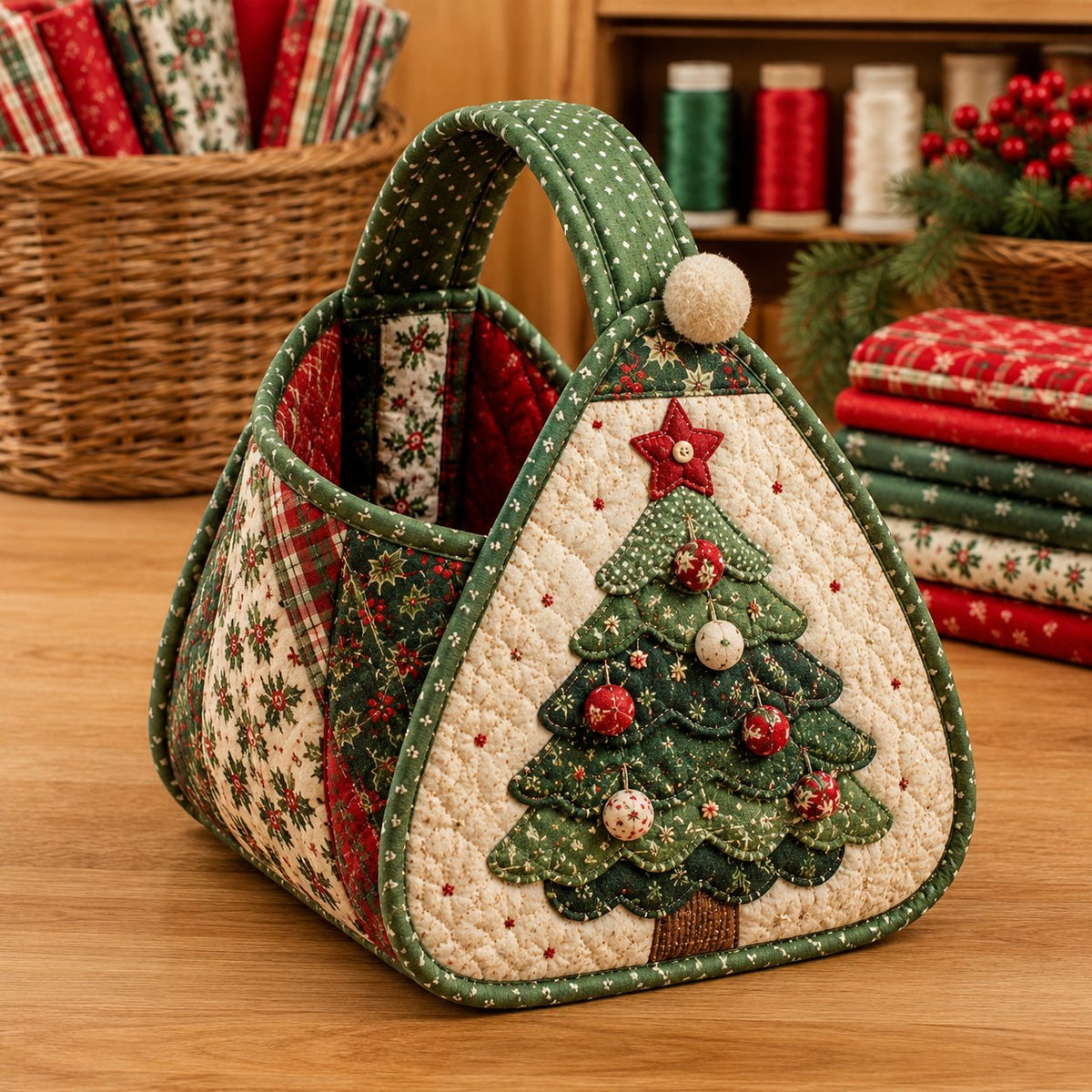 Christmas Tree Christmas Quilted Carry Basket Sewing Kit