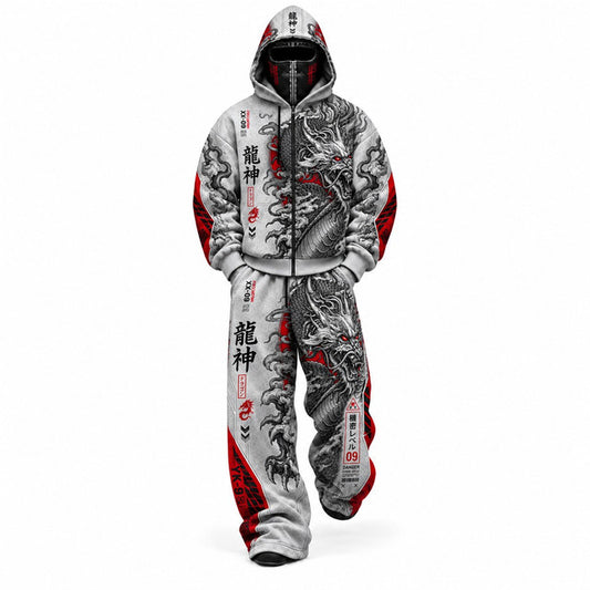White Japanese Dragon Mask Hoodie Tracksuit Set