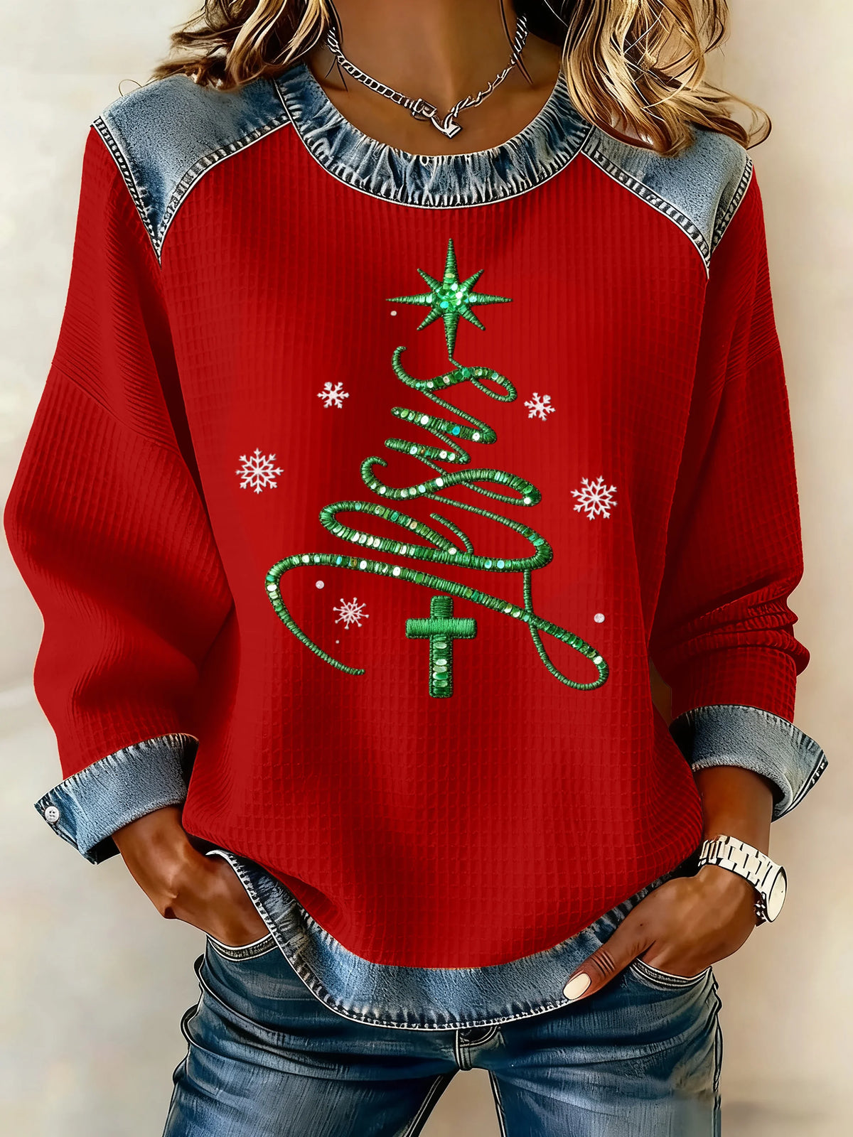 Women's Casual Christmas Waffle Patchwork Denim Sweatshirt