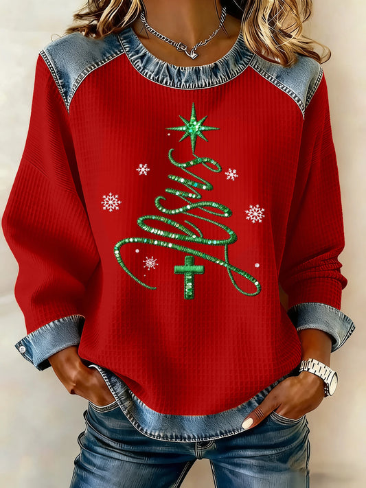 Women's Casual Christmas Waffle Patchwork Denim Sweatshirt