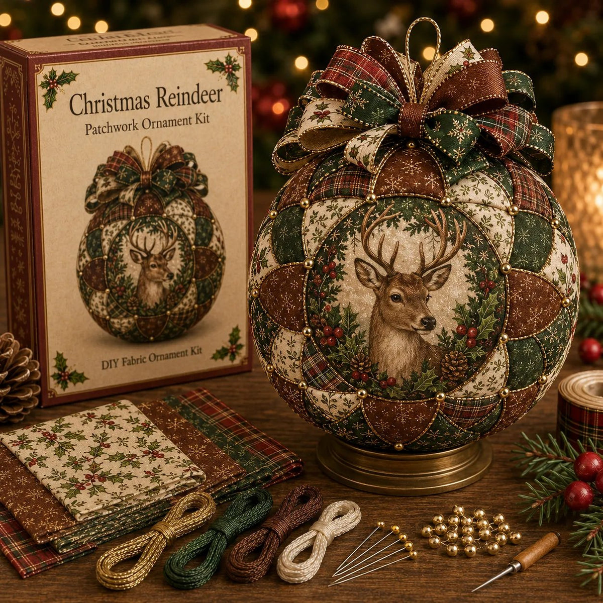 Christmas reindeer patchwork ornament DIY kit in traditional rustic fabrics