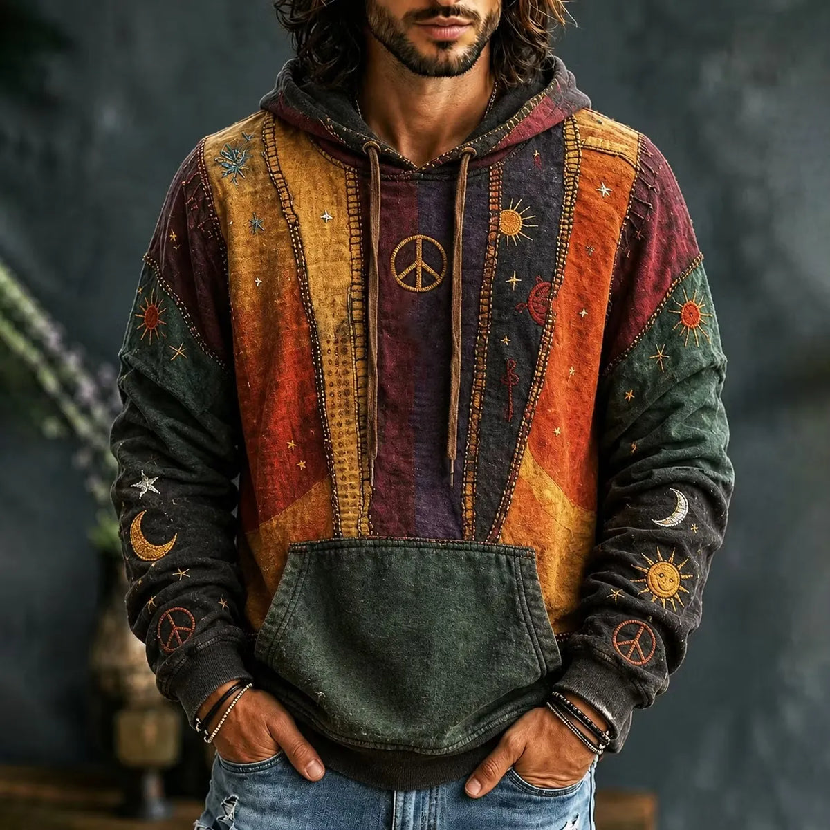 Men's Color Block Star Moon Peace Print Hoodies