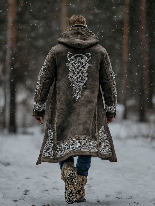 Men's Viking Tribal Totem Vintage Washed Print Fleece-Lined Hooded Jacket