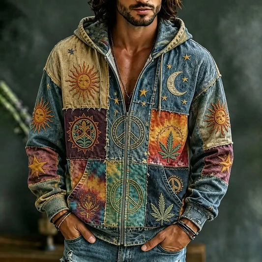 Men's Hippie Multi Panel Peace Symbol Star Print Zipper Hoodies
