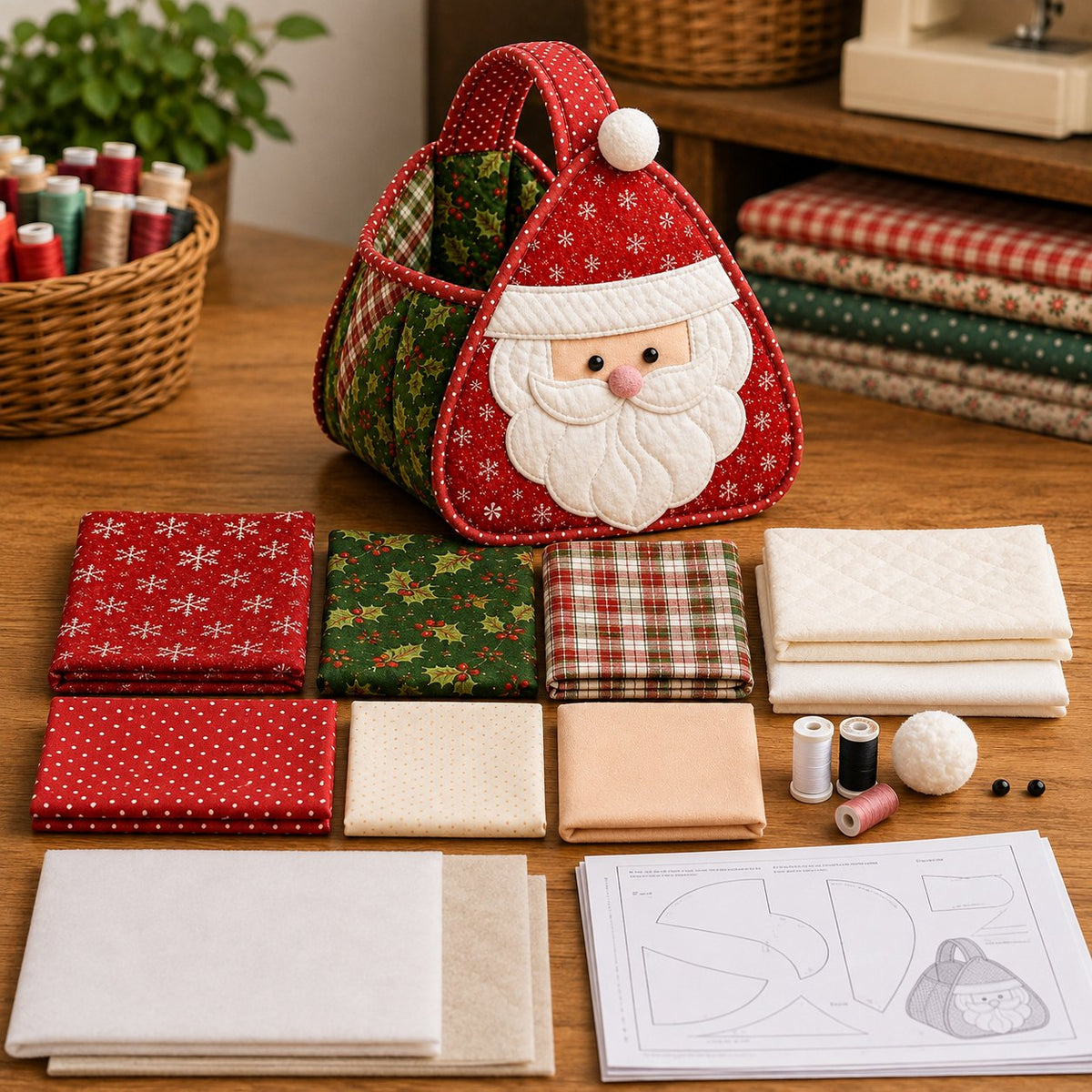 Included materials for Christmas Quilted Carry Basket Sewing Kit