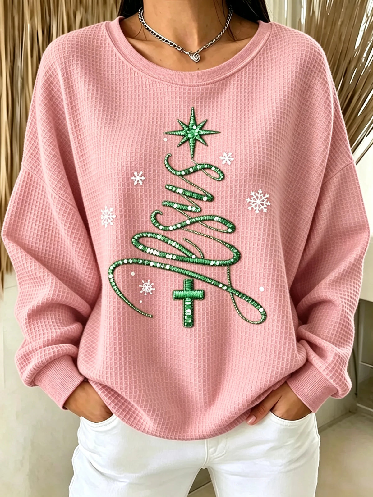 Women's Christmas Faith Print Casual Waffle Long-Sleeve Top